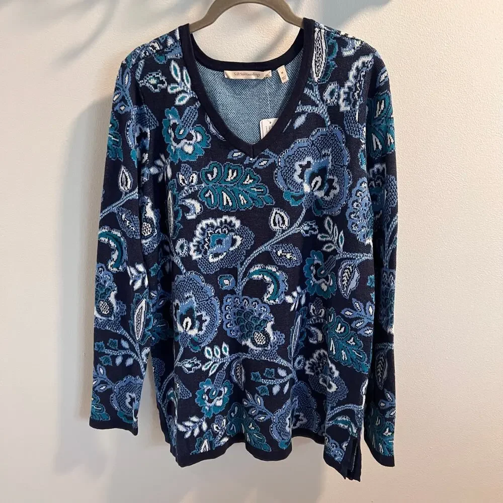 NWT Soft Surroundings Blue Patterned Pullover Sweater Size M